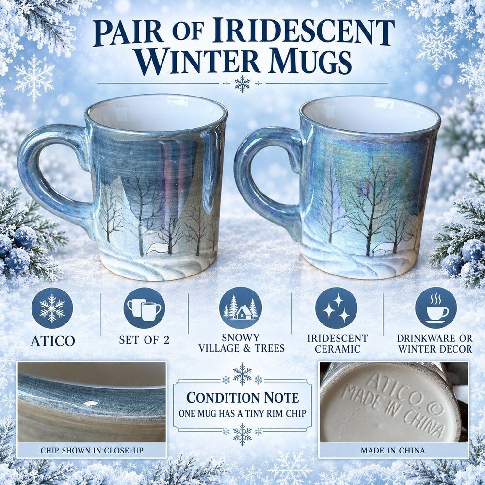 Iridescent Winter Snow Village Ceramic Cocoa Mugs Set of 2 Christmas Decor